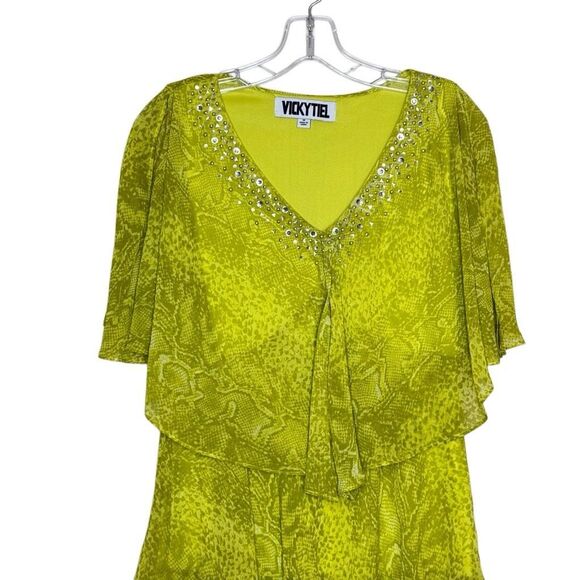Vicky Tiel Green Snake Print Tiered Handkerchief Dress Size M Chiffon Rhinestone - Picture 2 of 12